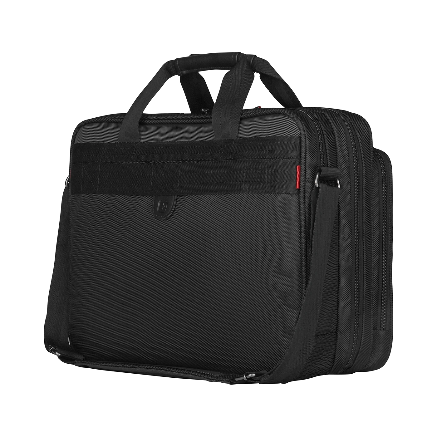Black briefcase with handles and shoulder strap isolated on a black background.