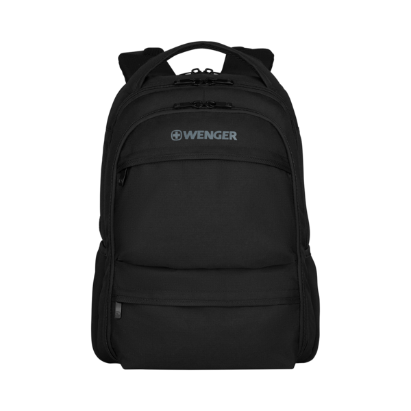 Black Wenger backpack with zippers and logo on a black background.