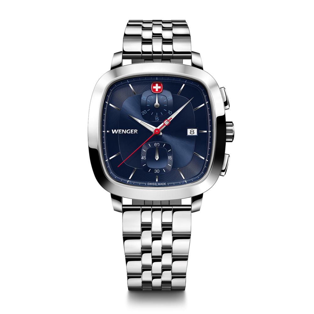 Wenger watch with blue face and silver band. Swiss made design with a date display.