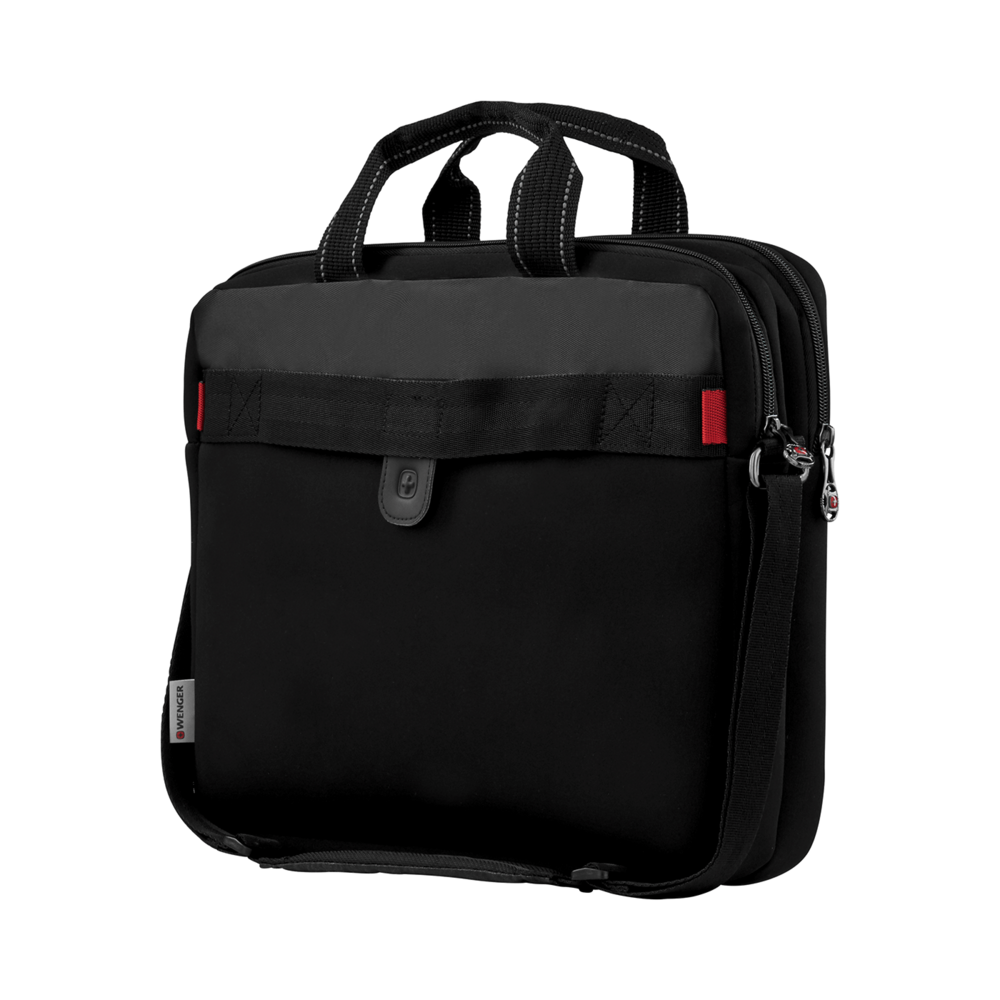 Black laptop bag with red accents and carrying handles.