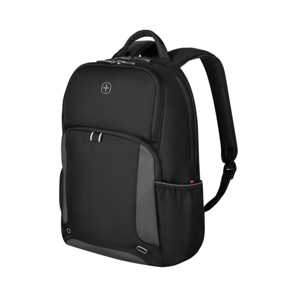 Black backpack with Swiss cross logo, perfect for everyday use and travel.