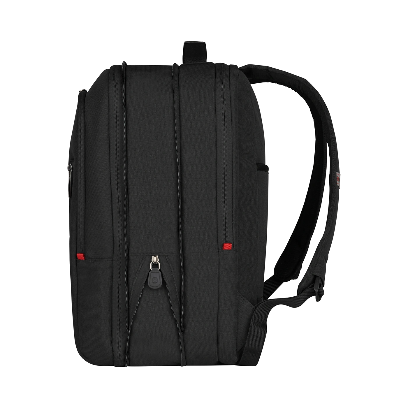 Black backpack with red accents and zippers, side view, isolated on black