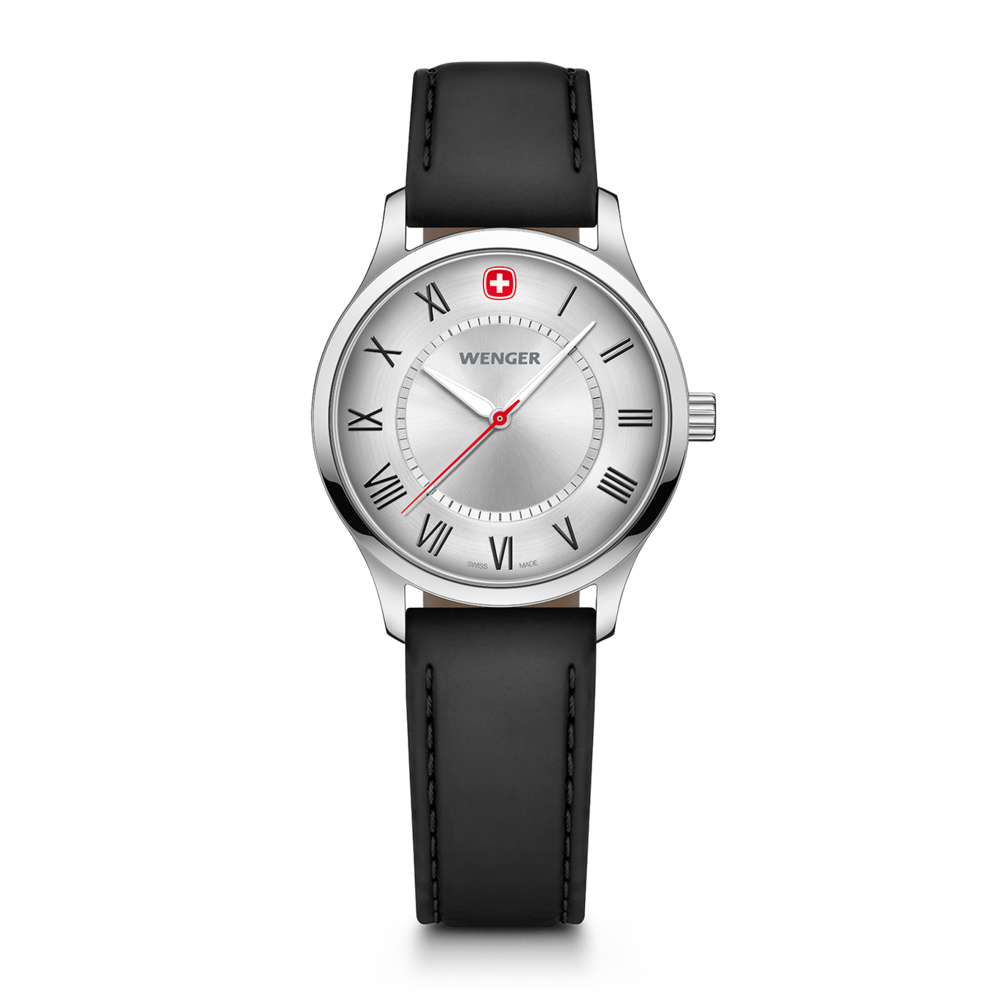 Wenger women's watch with black leather strap and silver dial