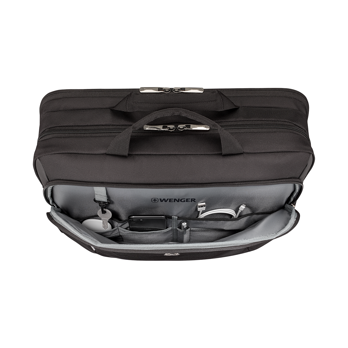Black briefcase with open compartment, keys, phone, and cables inside.
