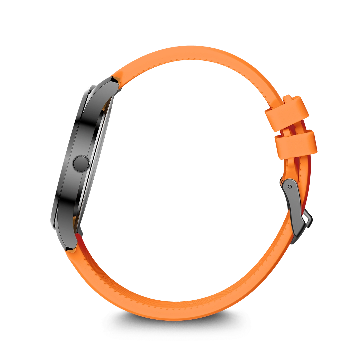A smartwatch with an orange strap, seen from the side.