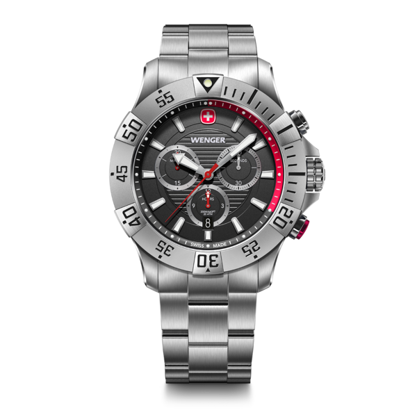 Wenger watch, silver case, black dial, red accents, chronograph, Swiss Made, stainless steel