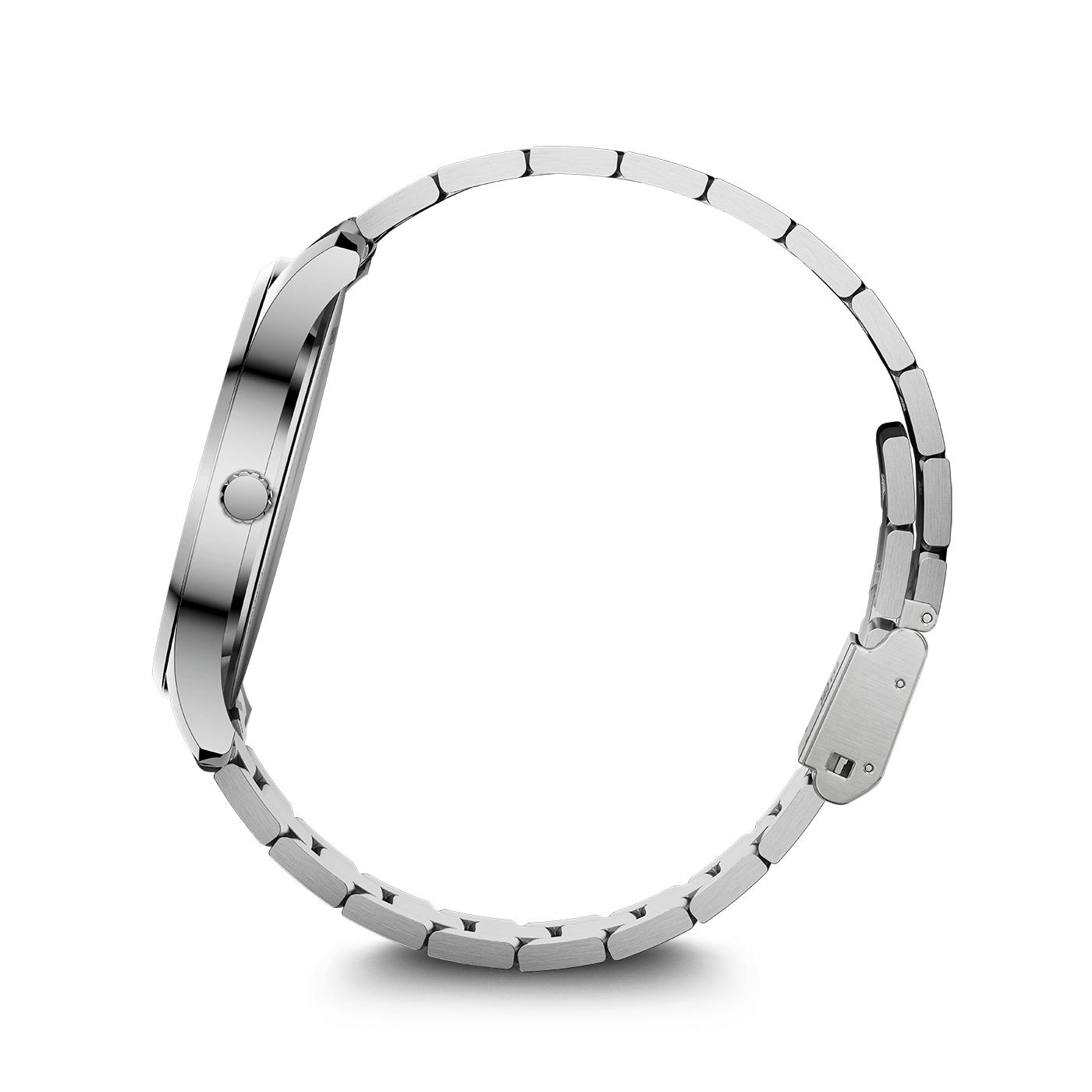 Silver wristwatch in profile on a white background