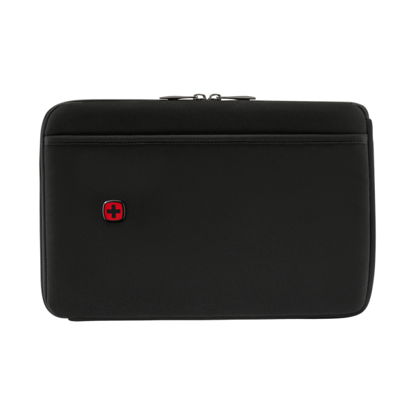 Black laptop sleeve with red cross logo and zipper, simple design, plain surface.