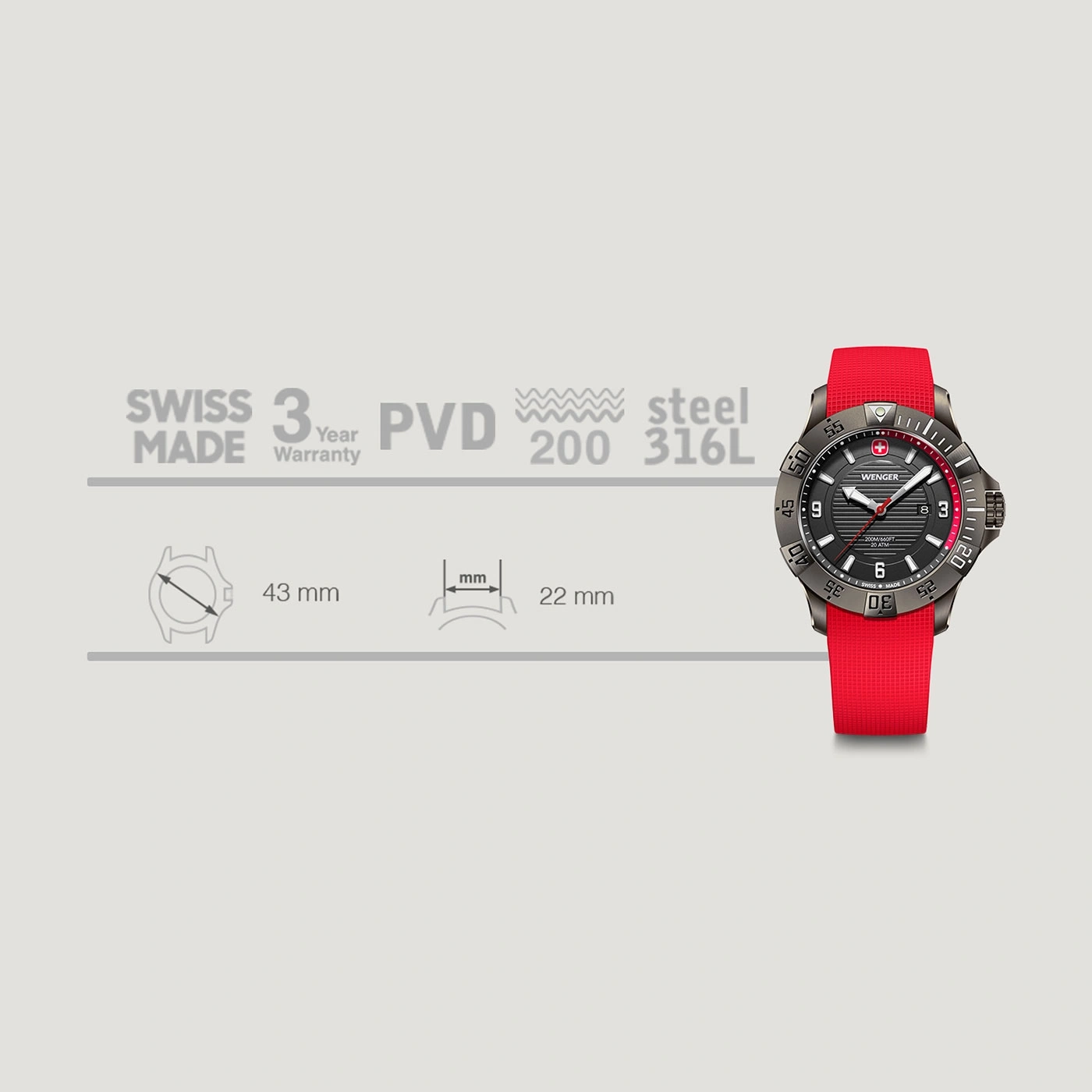 Wenger watch with red strap, Swiss Made, 43mm case, 22mm band width, PVD coating, steel.