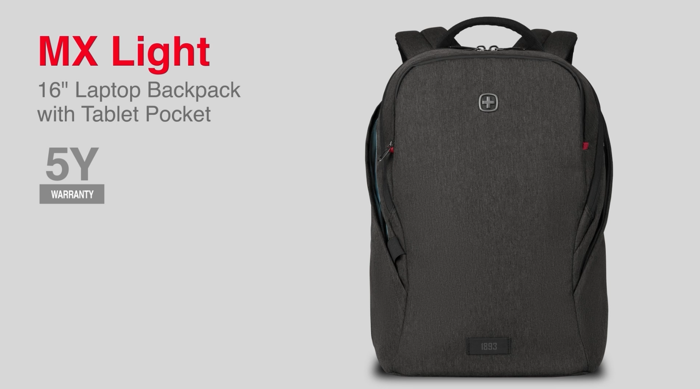 Black backpack with red accent, 16" laptop backpack with tablet pocket, 5Y warranty