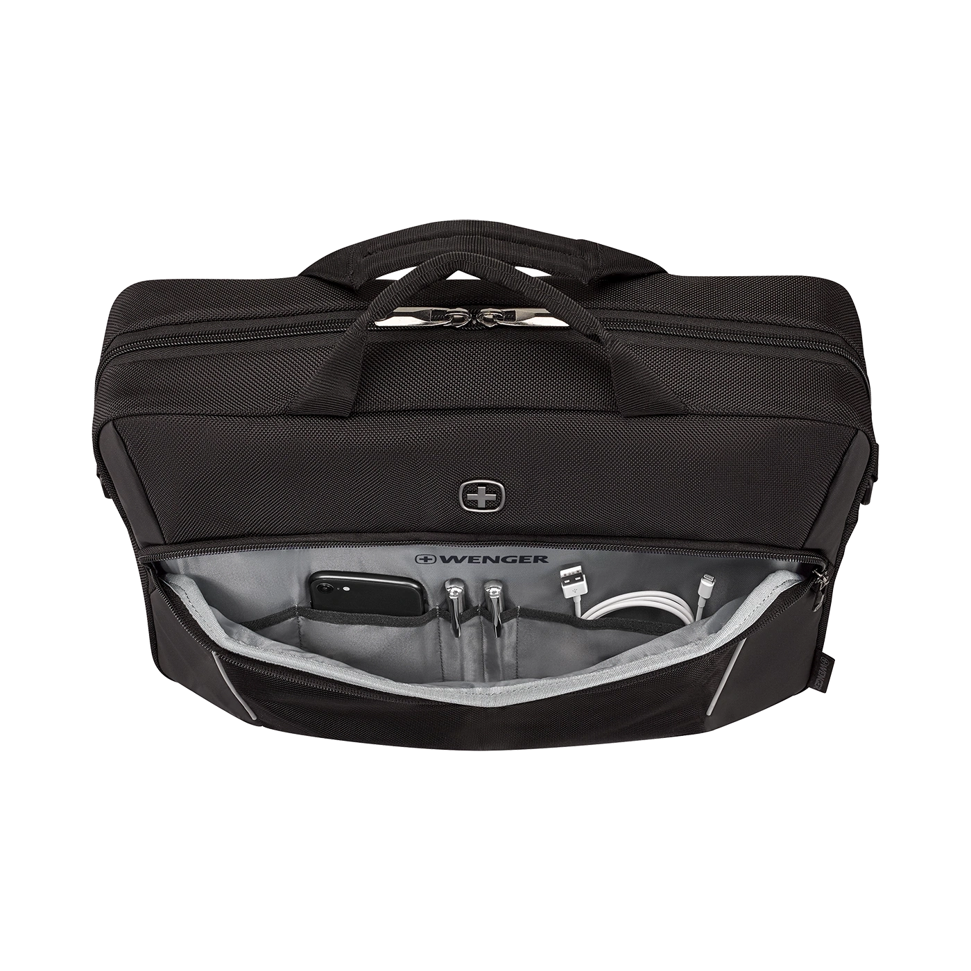 Black briefcase with open pocket, phone, pens, and cables inside the bag.