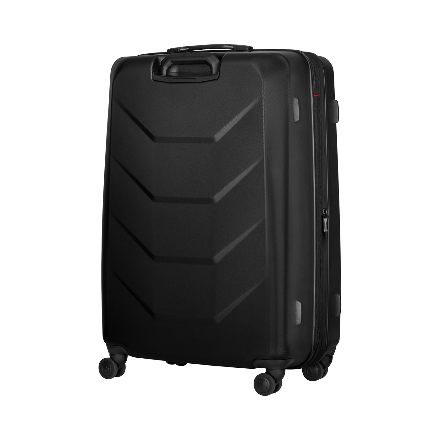 Black suitcase with wheels isolated on black background, close-up detail shot