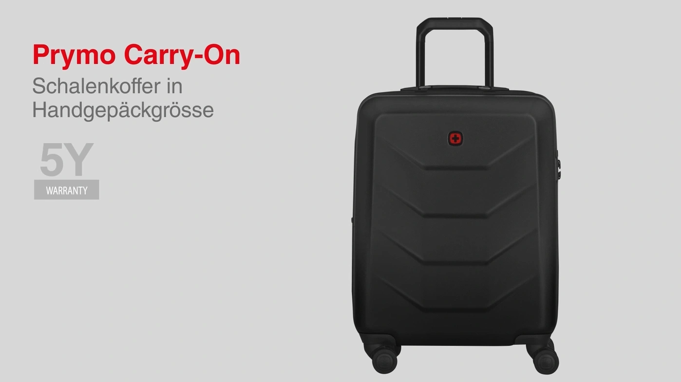 Black carry-on suitcase with red logo and 5-year warranty.