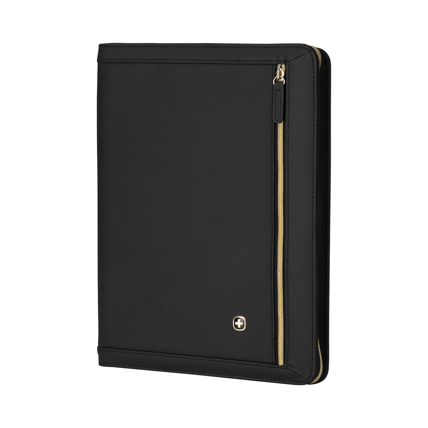 Black zippered portfolio with gold accents and Swiss cross logo, elegant design