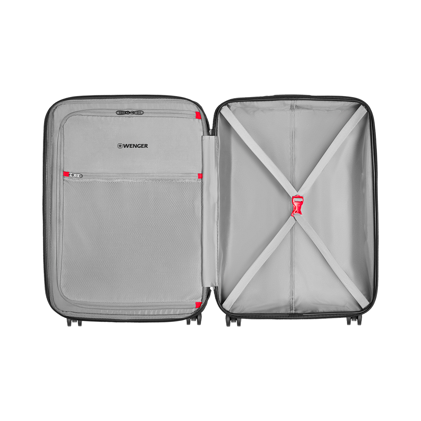Open suitcase with gray interior and red accents, brand Wenger. Luggage.