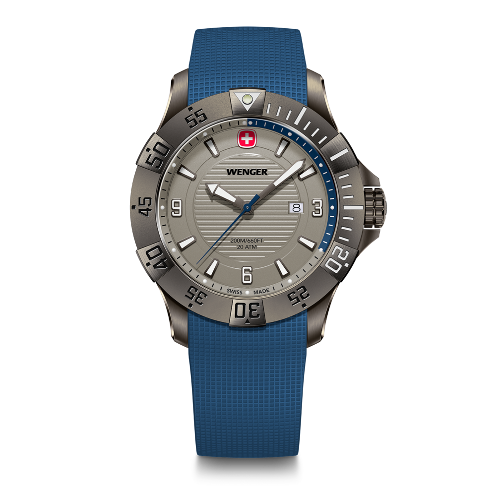 Wenger watch with blue strap and face, Swiss design, 20 ATM water resistance.