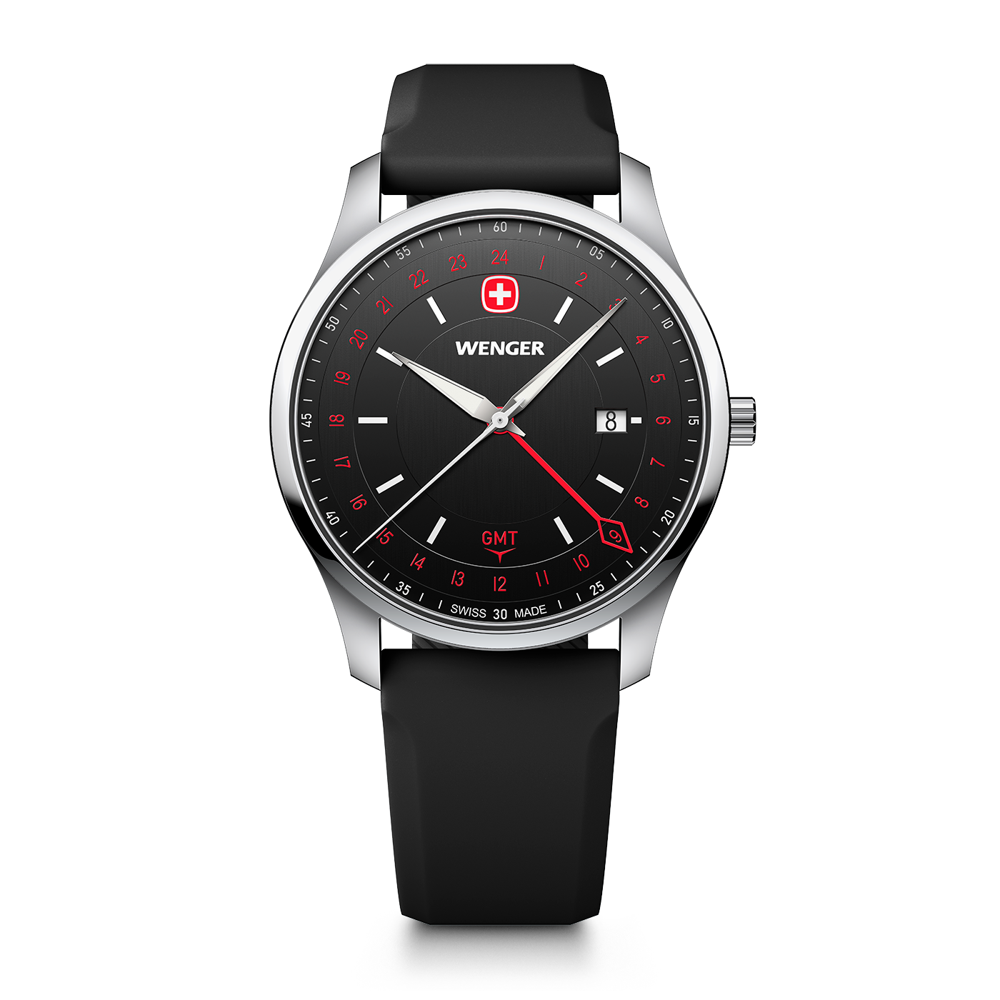 Black Wenger men's watch with GMT function and red accent on black dial