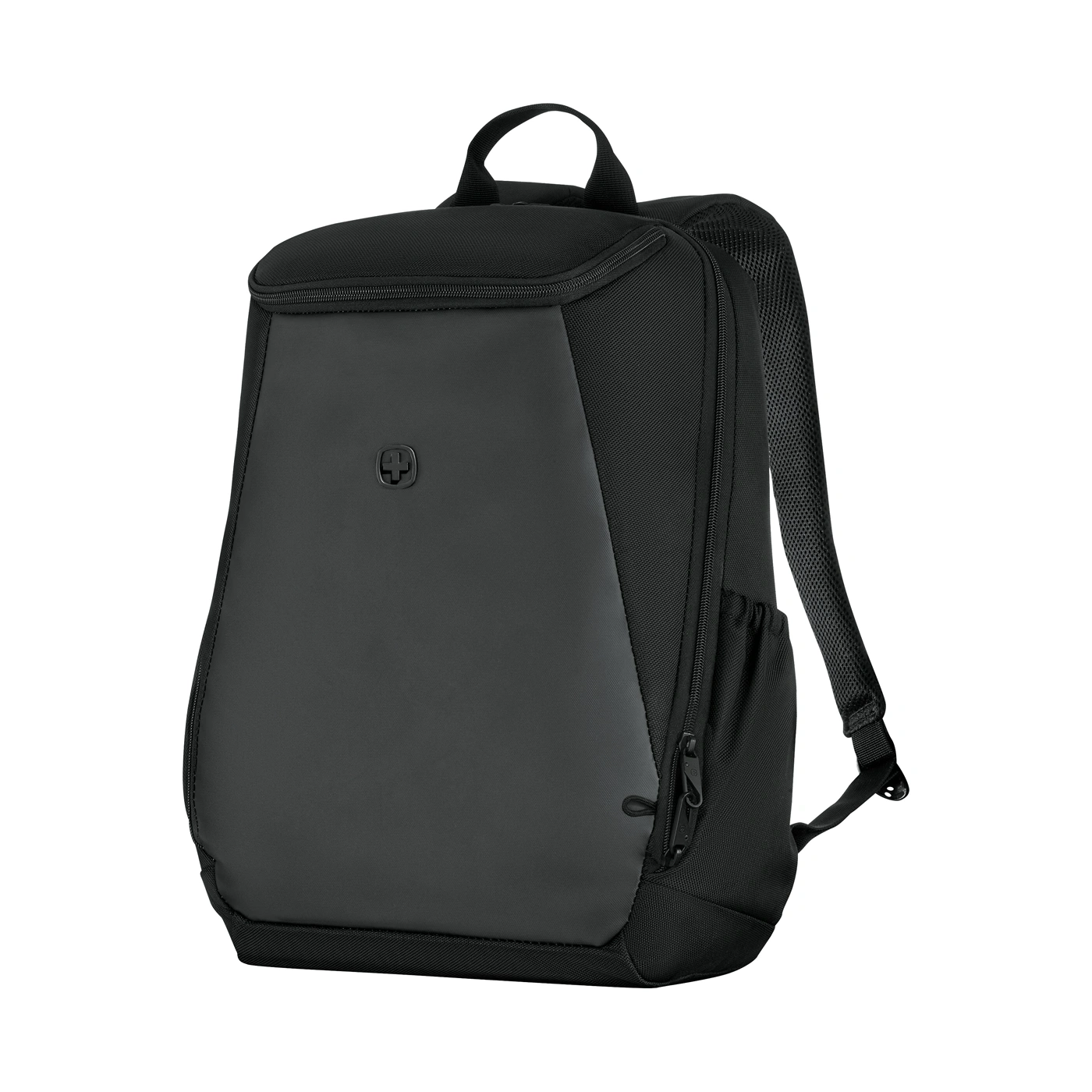 Black backpack with silver logo and zippers