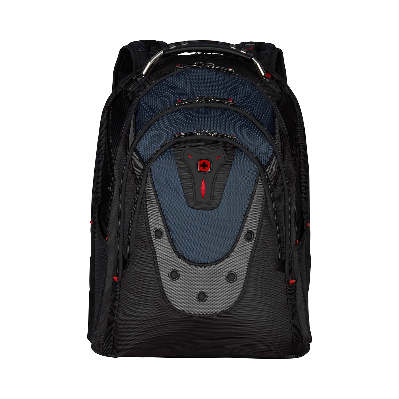Black backpack with blue and gray accents, red cross logo, isolated on black