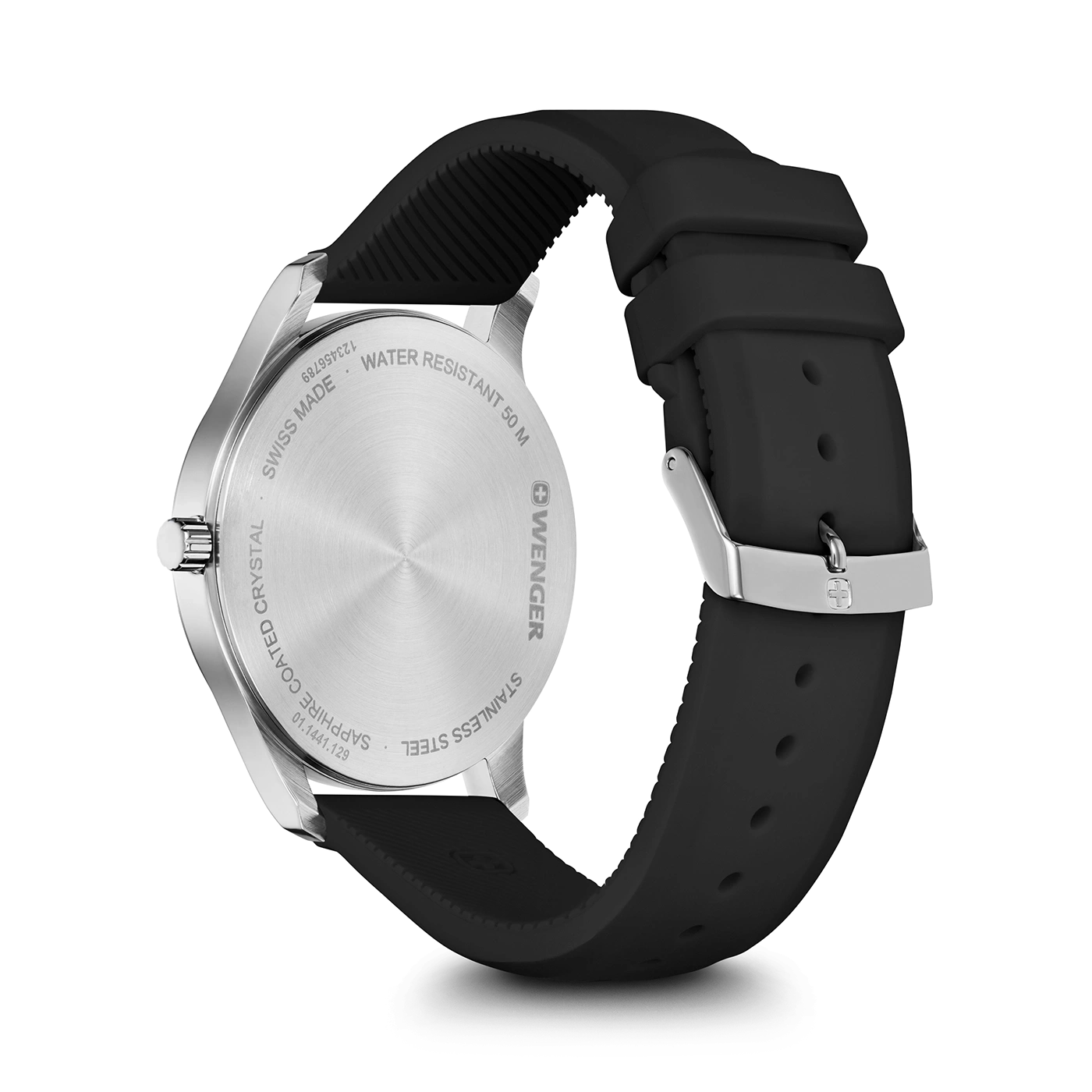 Wenger watch, stainless steel, black strap, waterproof, Swiss made, close-up detail