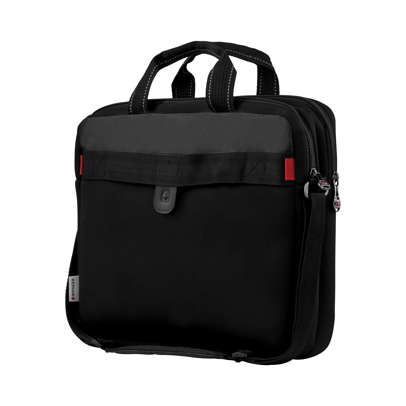 Black laptop bag with red accents and carrying handles.
