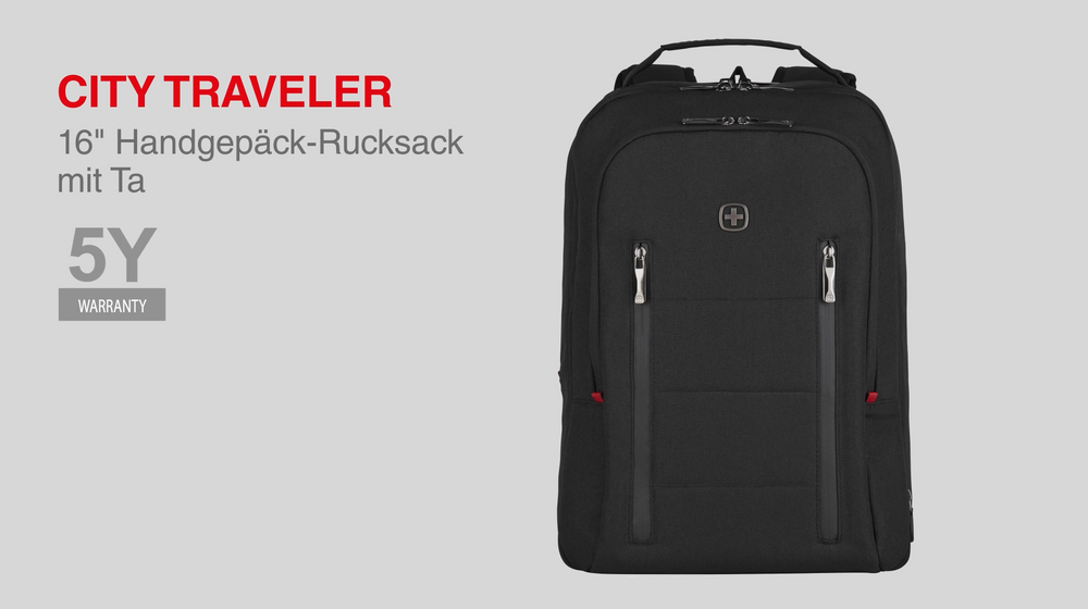 Black backpack with red accent and 5 years warranty. City Traveler.