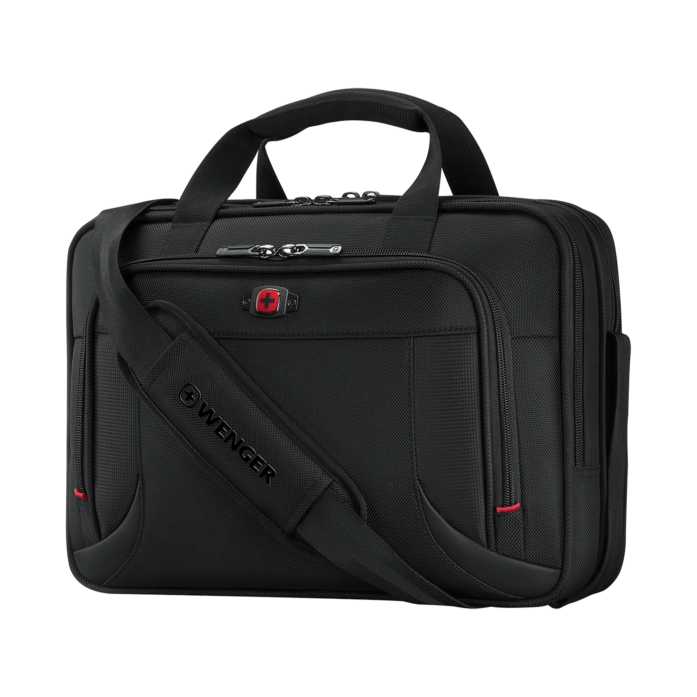 Black briefcase with shoulder strap and red accent, Wenger logo visible.
