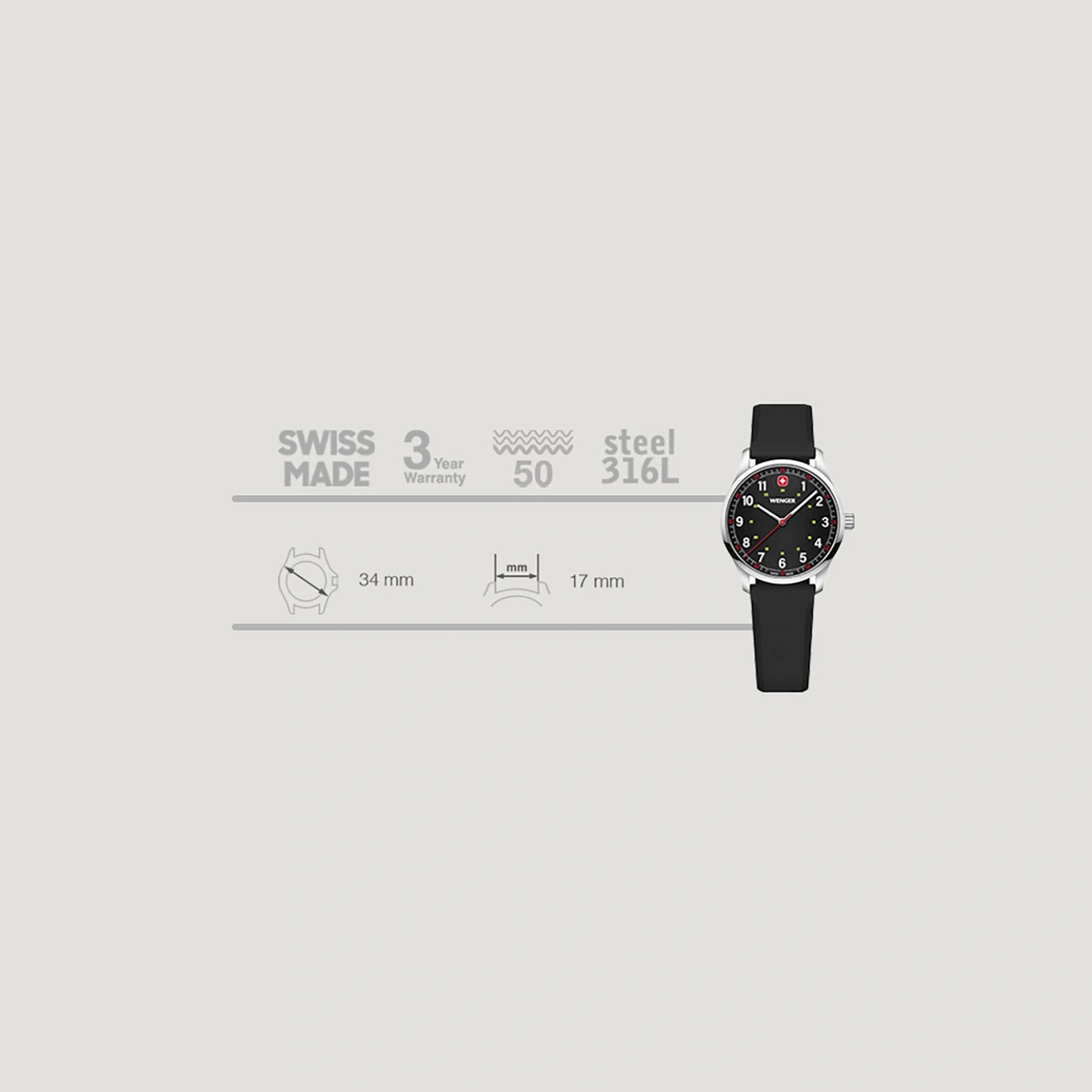 Swiss watch with black dial, steel case, and leather strap. 34mm diameter.