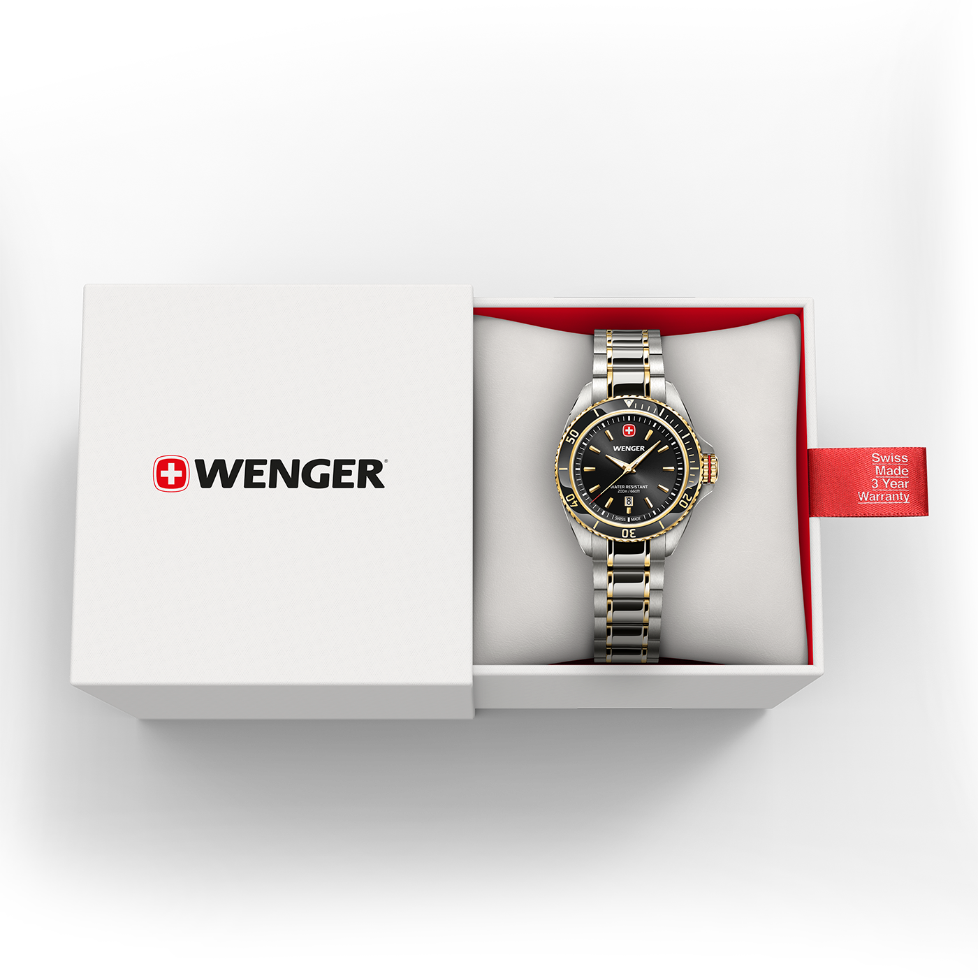 Wenger watch in an open box with warranty tag.