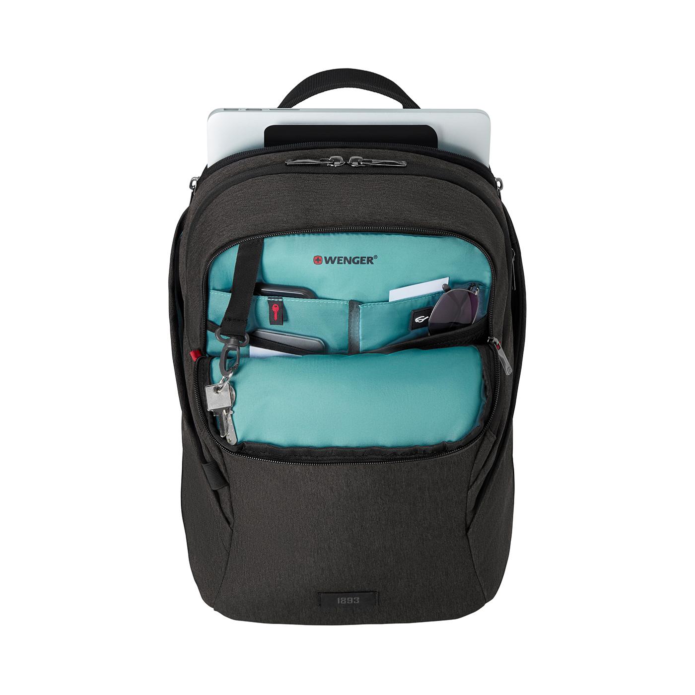 Black backpack with open compartments, laptop, and various accessories inside.