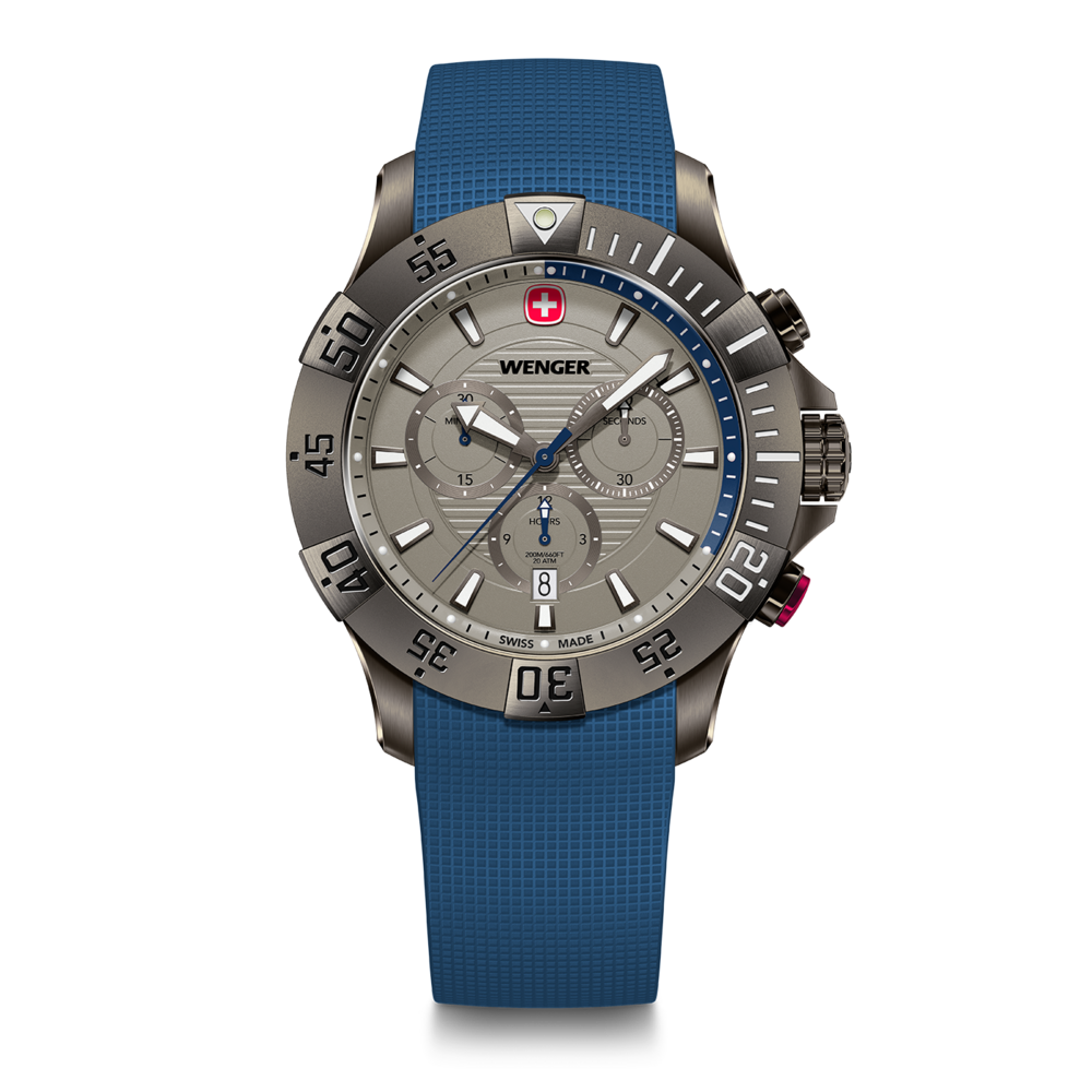 Wenger watch with blue strap and gray dial, Swiss made, chronograph design.
