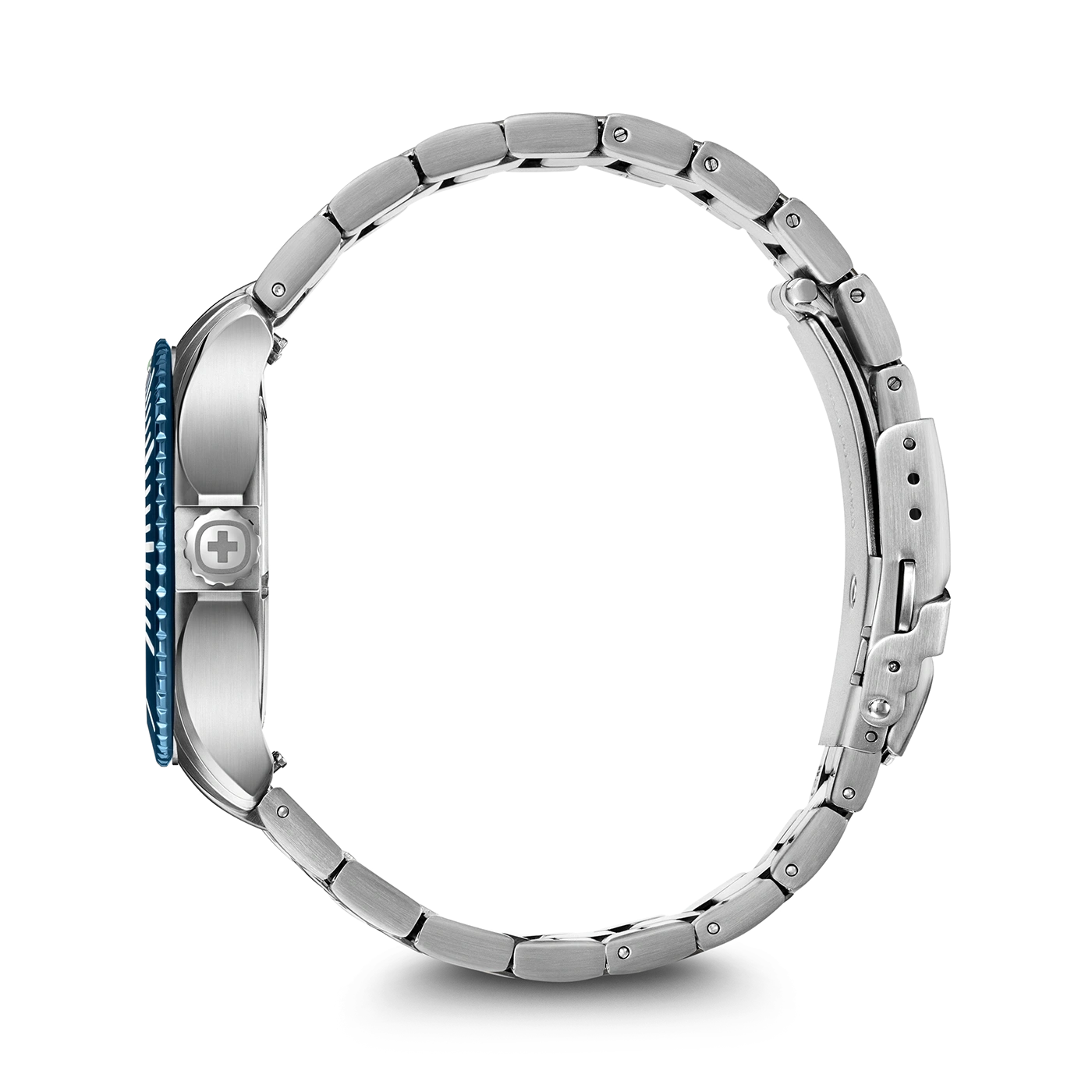 Watch with blue dial and silver bracelet on a black background, side view