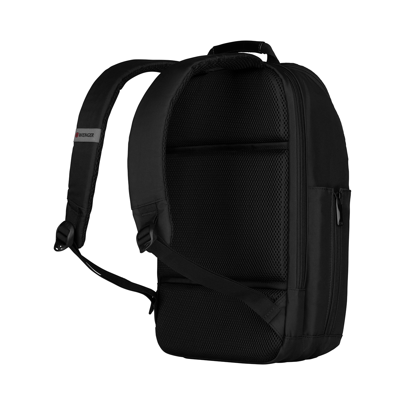 Black backpack with Wenger logo, detail view, isolated on black background