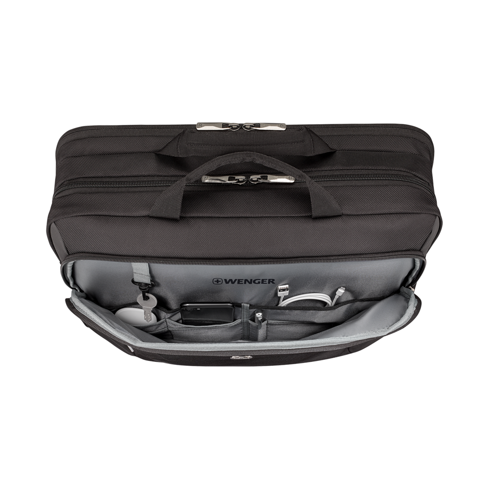 Black briefcase with open compartment, keys, phone, and cables inside.