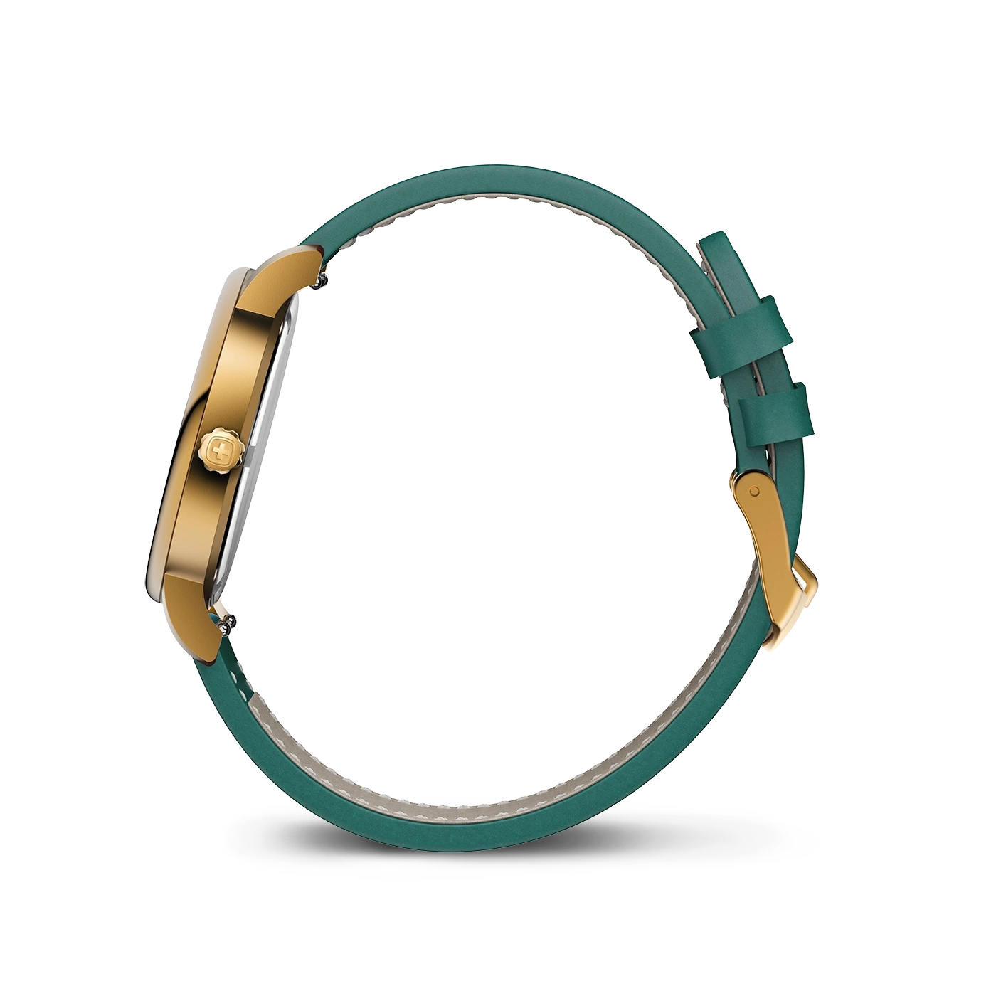 Eine goldene Uhr mit einem grünen Lederarmband.