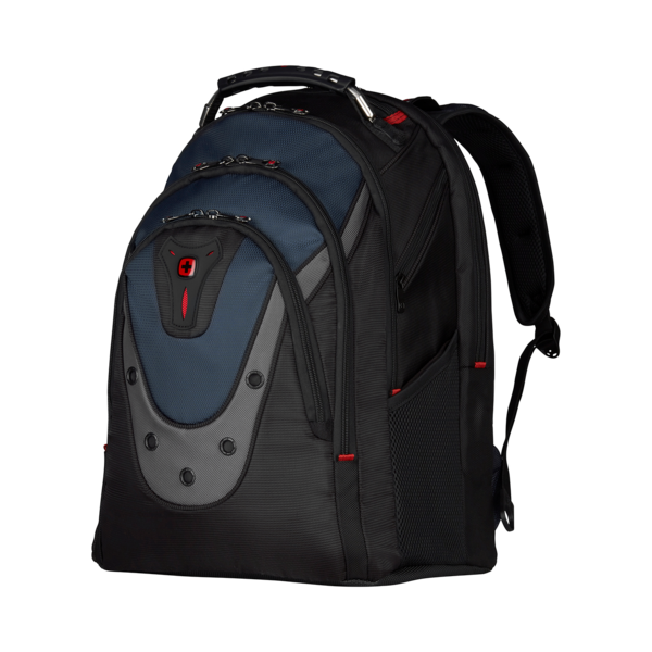 Black backpack with blue and grey accents on a black background, side view.