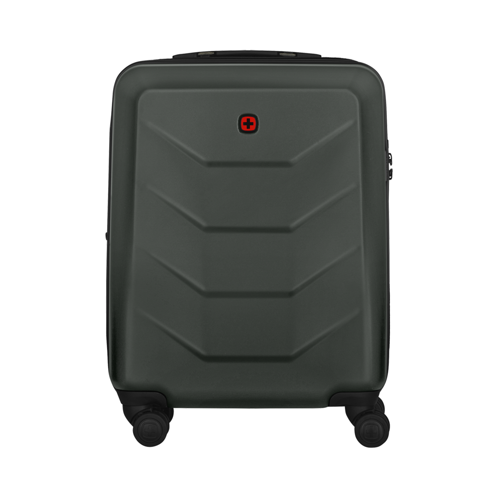 Dark green suitcase with red cross logo and four wheels, isolated on white