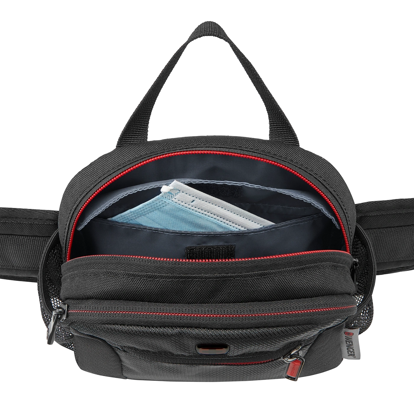 Black bag with red zipper and a mask inside, open to show the contents.