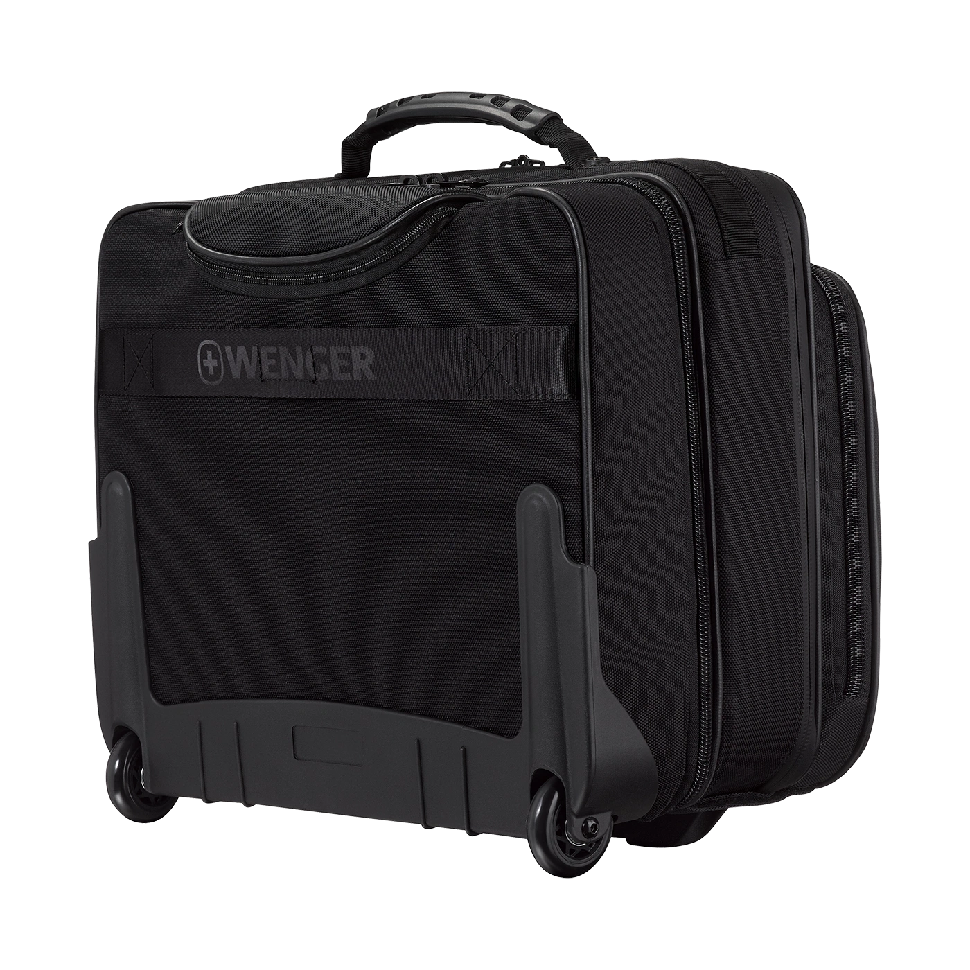 Black rolling suitcase with handle, Wenger brand, for travel and transport of items