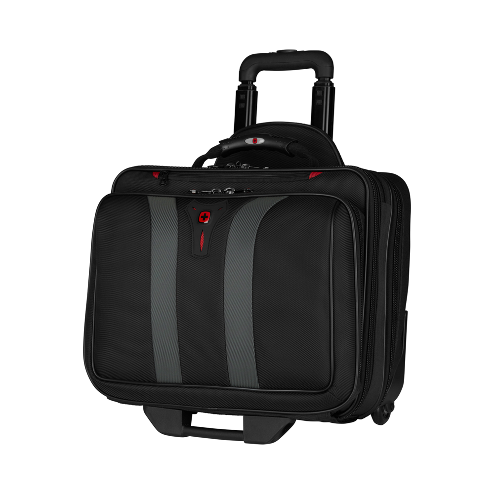 Black rolling suitcase with gray stripes and red logo on a black background.
