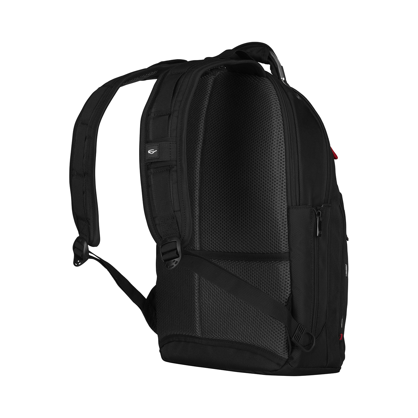 Black backpack with padded back and shoulder straps, side view, isolated on black