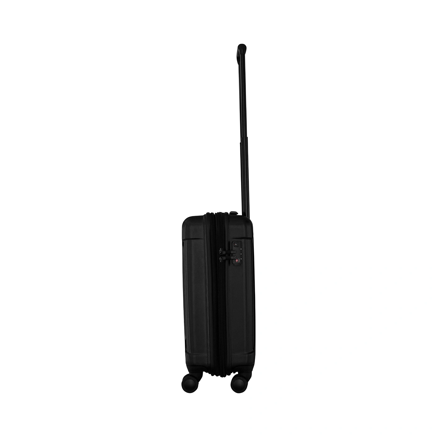 Black suitcase with retractable handle and wheels isolated on white background