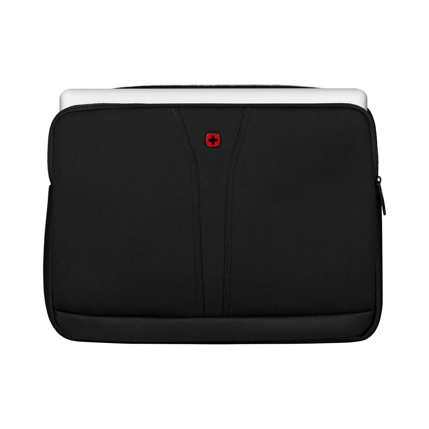 Black laptop sleeve with red cross logo and zipper on a black background.