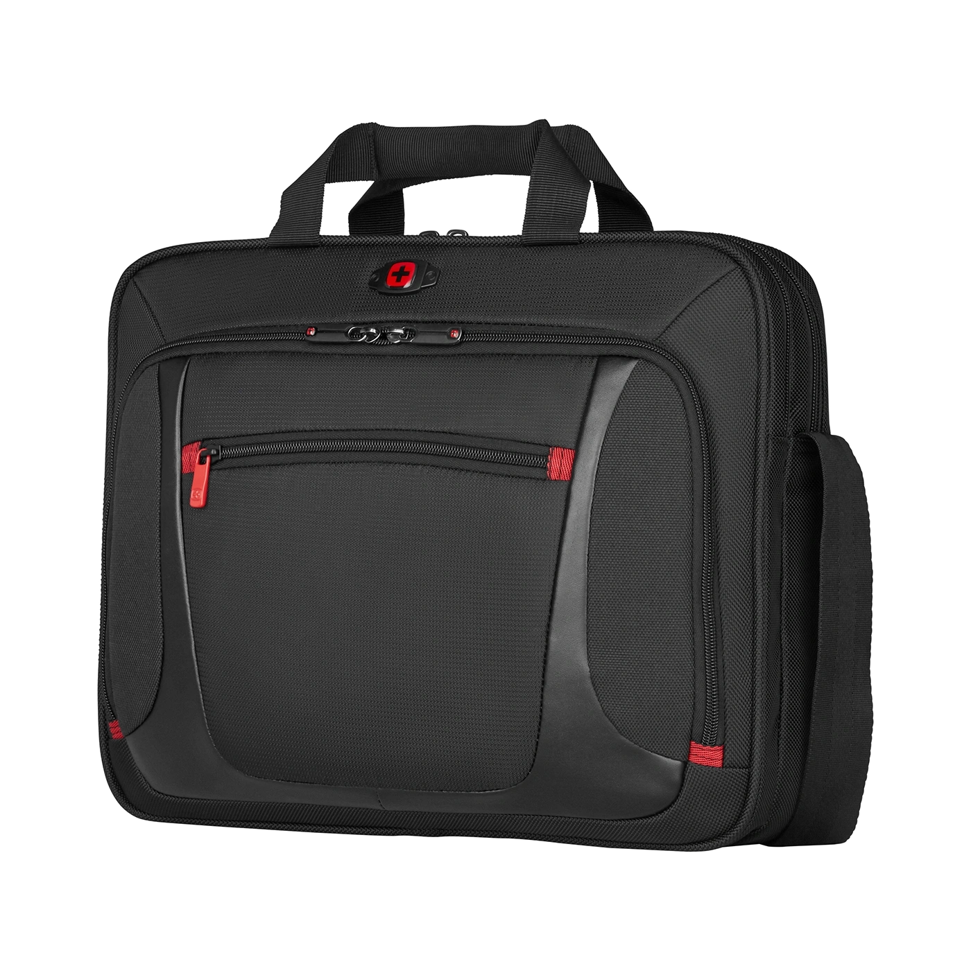 Black briefcase with red zipper and handle, Swissgear logo, business bag, office accessory