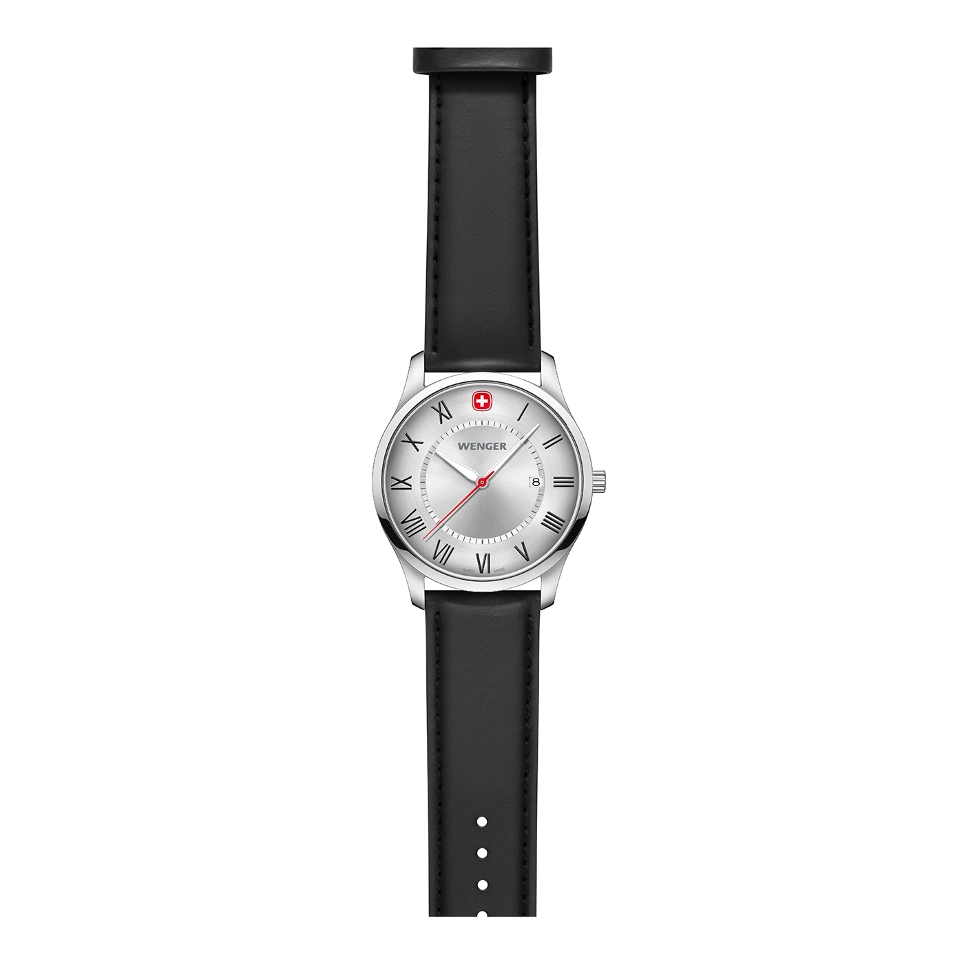Wenger watch with black leather strap and silver dial, roman numerals, red second hand
