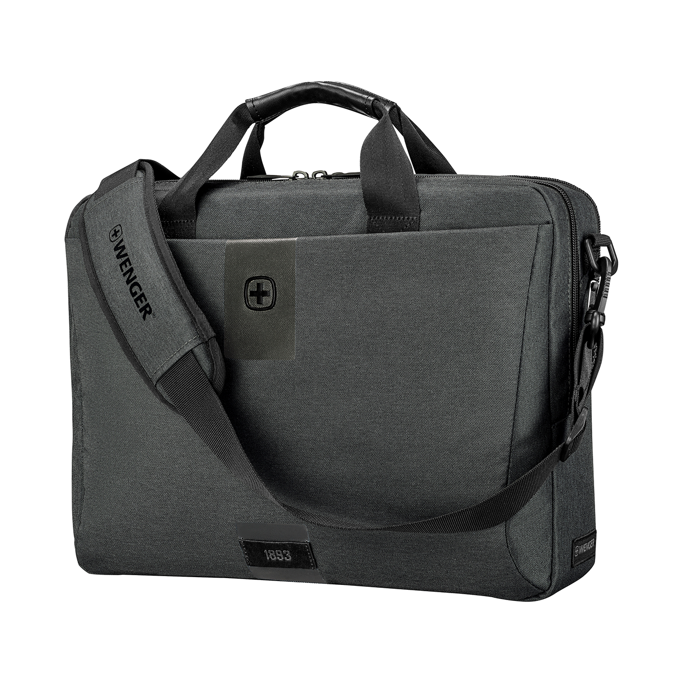 Dark gray briefcase with shoulder strap and Wenger logo