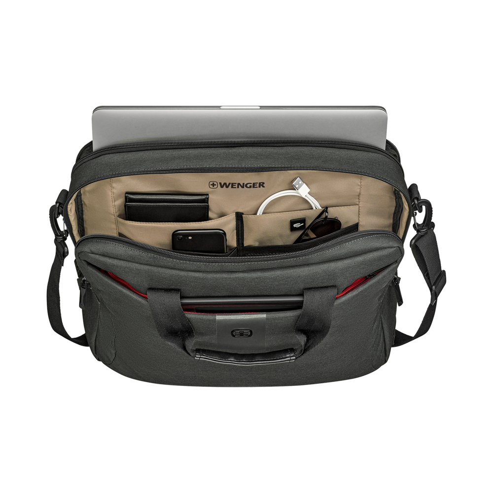 Black briefcase with laptop, phone, sunglasses, and cables. Brand: Wenger.