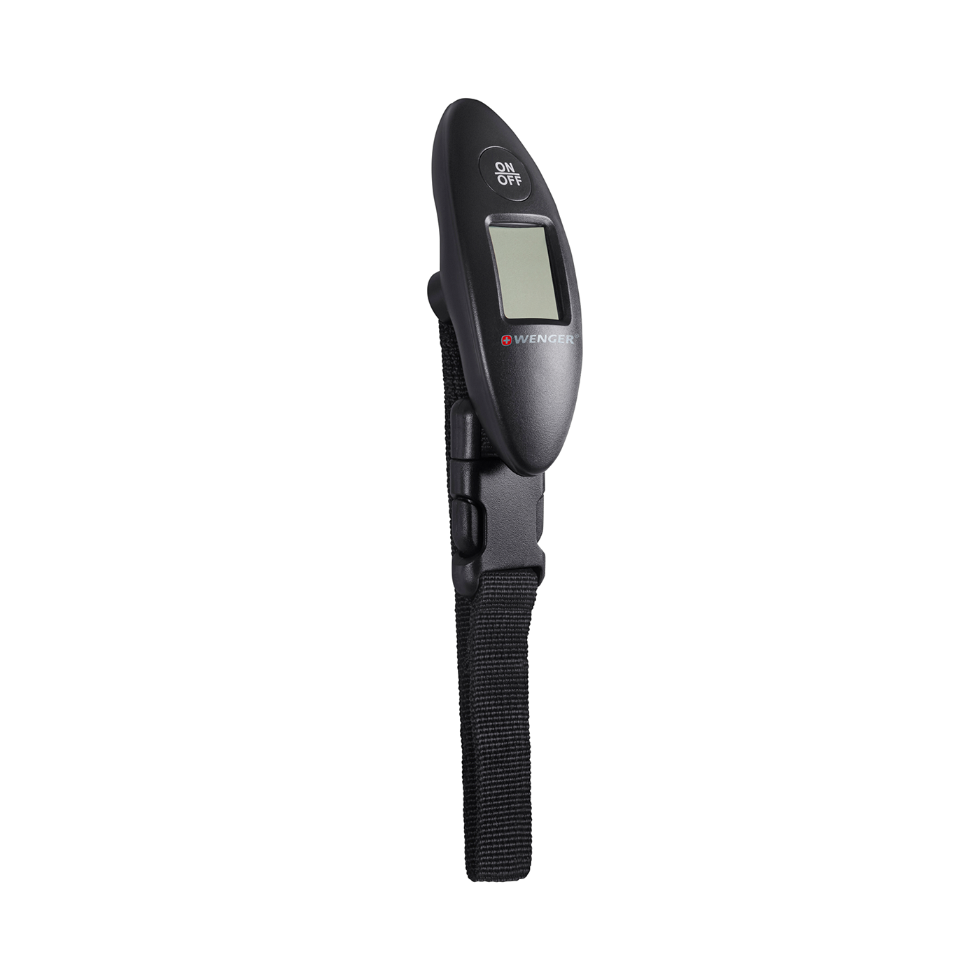 Black luggage scale with digital display and Wenger logo