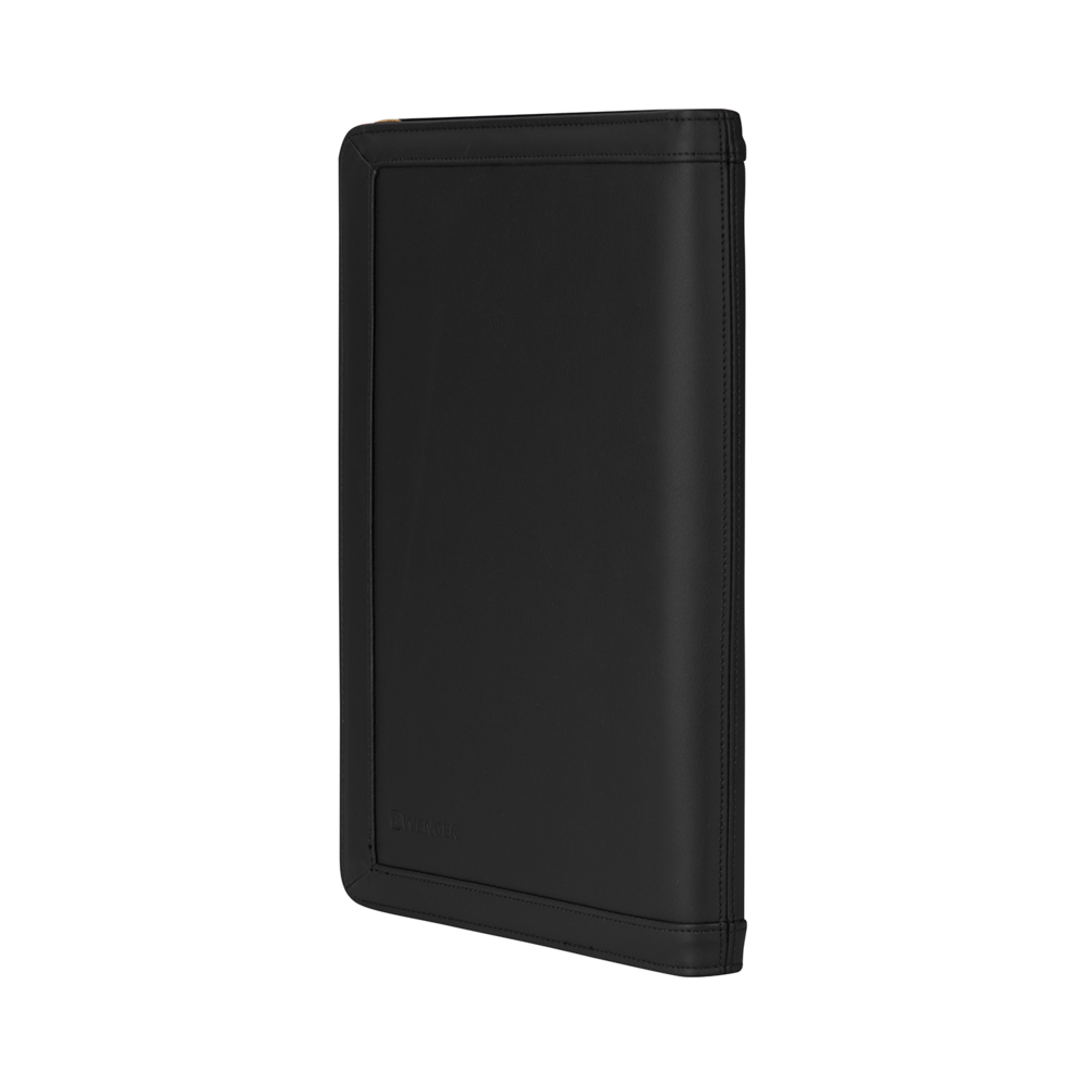 Black leather portfolio with zipper and logo, elegant and stylish design.