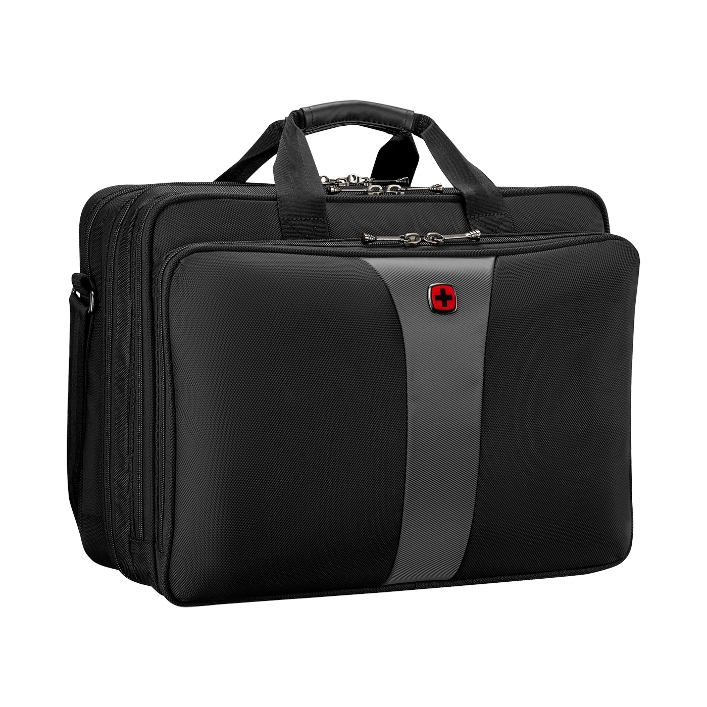 Black briefcase with red cross and gray stripe, handle and zippers, business bag.